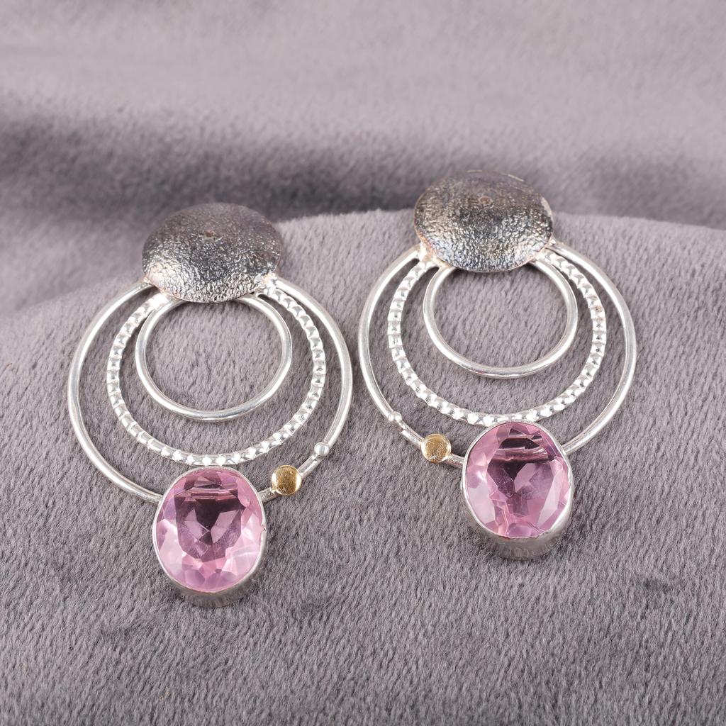 Morganite Earrings, Handmade Gemstone Pendant, 925 Solid Sterling Silver Earrings Boho Jewelry, For Engagement Gift