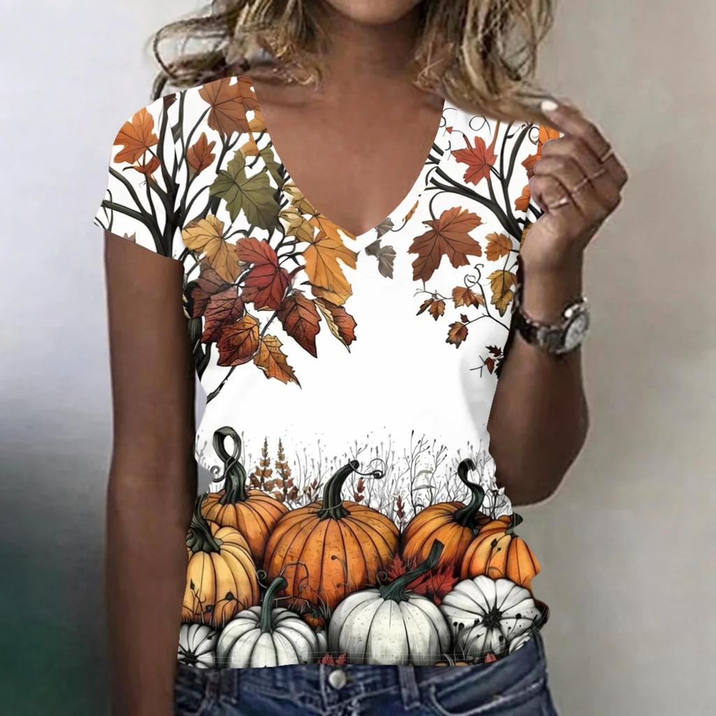 Women's V-Neck Halloween Print Lightweight Blouse for Spring and Summer