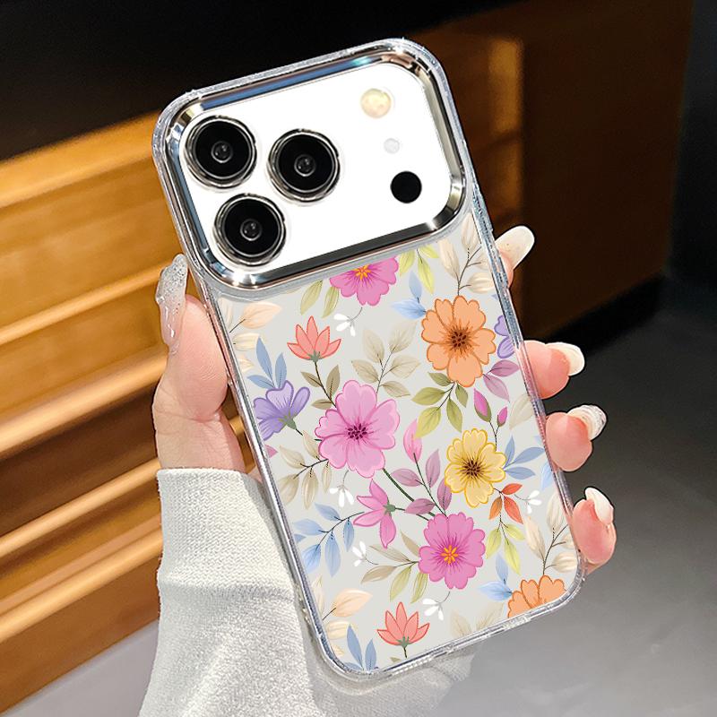 White Flower Pattern Case For iPhone 17 Pro Max iPhone 16 15 14 13 Pro Max 11 17e 16e Plating Lens Frame Clear Soft Silicone Back Cover