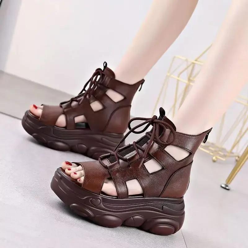 Fashion 2024 New Fashion Platform Sandals Women Cross Genuine Leather Wedges Platform Heel Gladiator Sandals Women Summer Roman Shoes