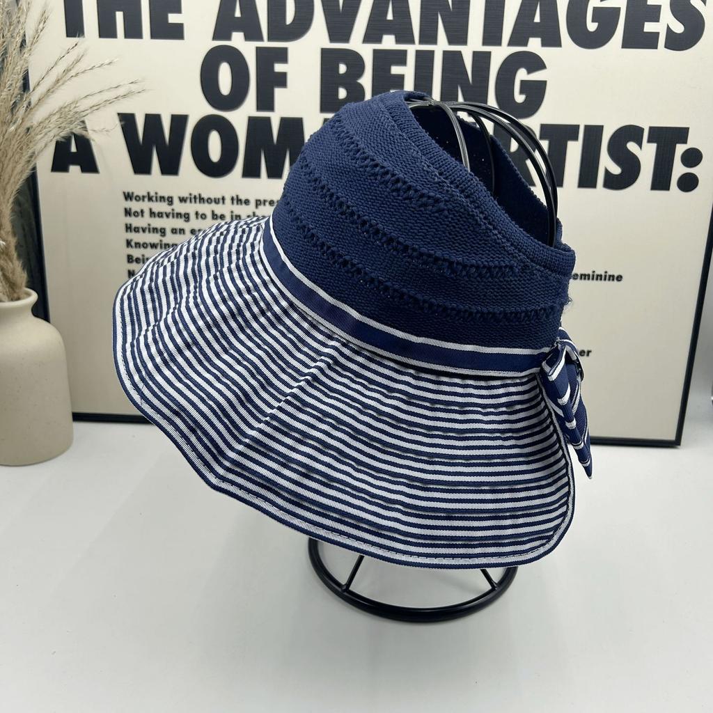 Big Eaves Empty Top Sunscreen Hat Women's Summer Striped Vacation Wind Beach Shading Breathable Fisherman Hat Showing Face Small Cool Hat