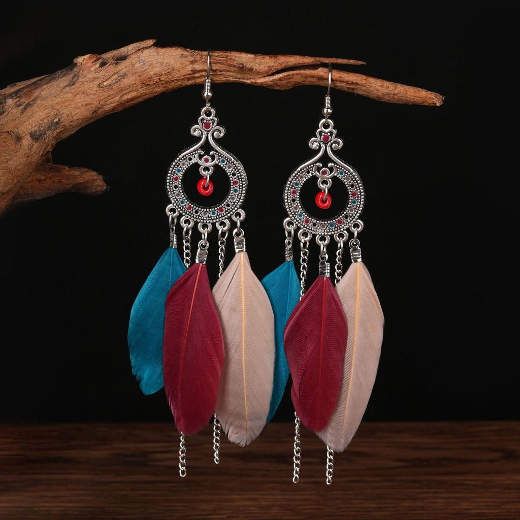 Trendy Ethnic Retro Multicolor Feather Beaded Circle Dangle Earrings