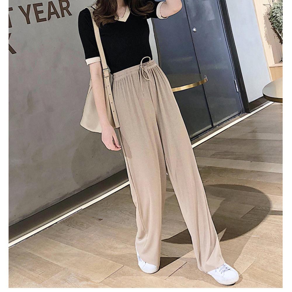 Summer Ladies Ice Silk Light Wide Leg Trousers Girl Solid Color High Waist Loose All-match Straight Casual Pants