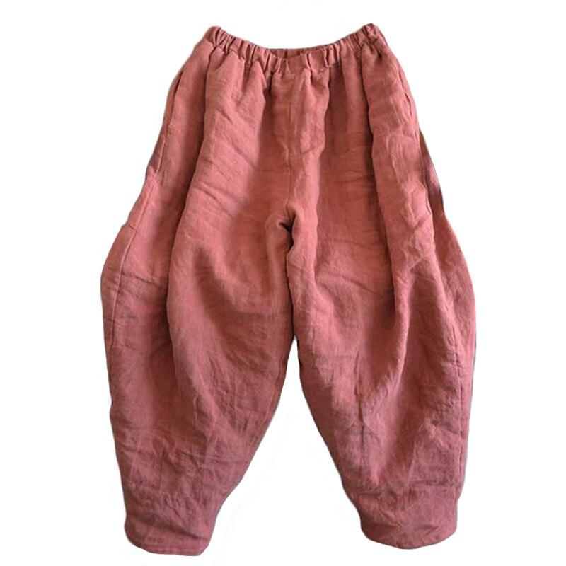 Johnature Women Winter Wide Leg Pants Cotton Linen Warm Trouser Solid Color Elastic Waist Pockets Vintage Female Pants