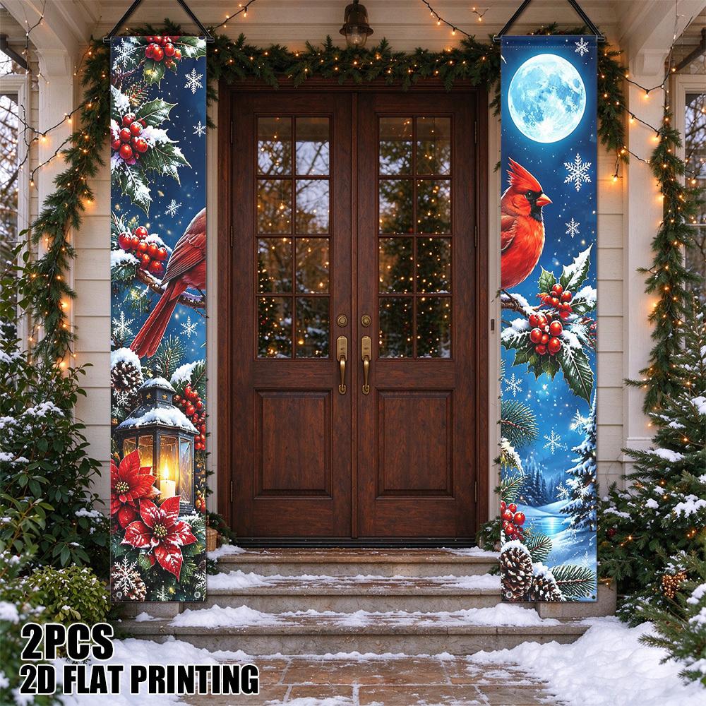 2D Flat, 2D Flat - 2D Flat, 2D Flat - 2D Flat Printing 2pcs Christmas Cardinal Winter Scene Vertical Couplets Banner Decoration, Hanging Front Door De