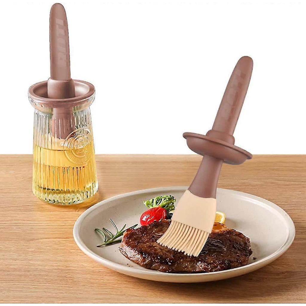 20cm Pastry Brush with Glass Oil Bottle 200ml Oil Bottle with Brush Heat Resistant No Smell(Brown) -Sy