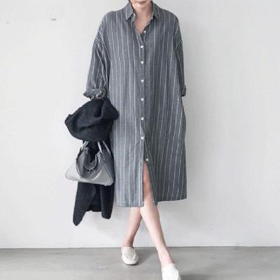 Vestido feminino com estampa listrada casual com gola virada para baixo manga comprida