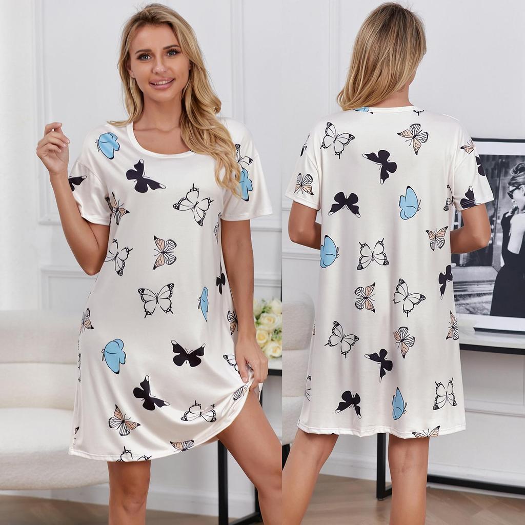 Abito da pigiama da donna in poliestere lavorato a maglia a maniche corte Camicie da notte floreali stampate Camicie da notte allentate estive Abbigliamento casual da salotto per dormire