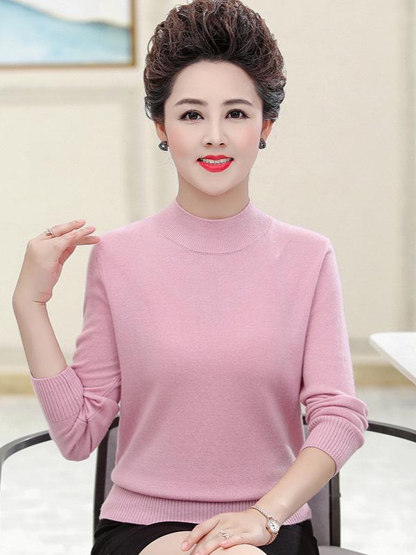 Women's 100% Pure Wool Sweater - Thick, Half High Neck for Middle-aged & Elderly, Autumn/Winter