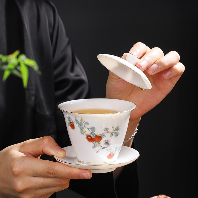 Suet jade kung fu tea set hand-painted cover bowl gold opening event real estate business souvenir