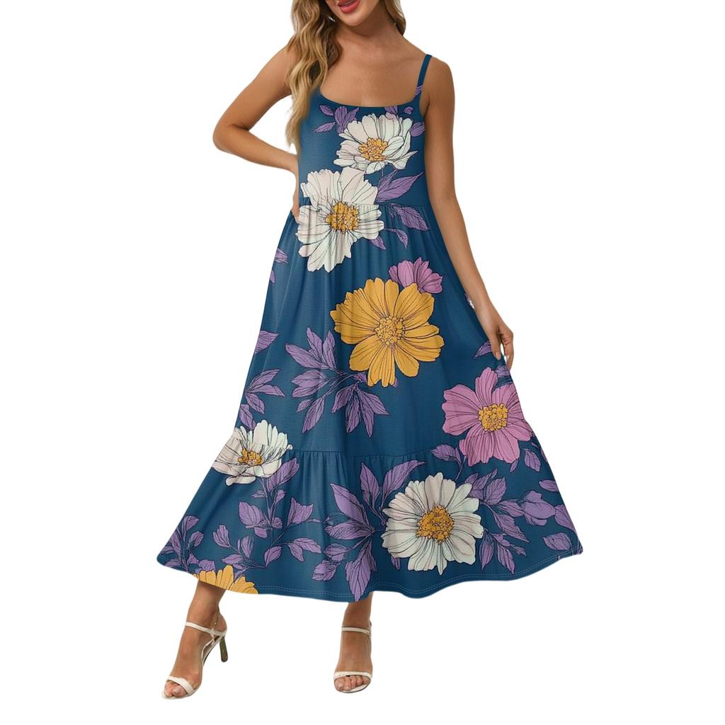 Women's Long Beach Casual Elegant Spaghetti Strap Maxi Dress Stitching Low-key Flowing Bohemian Dress