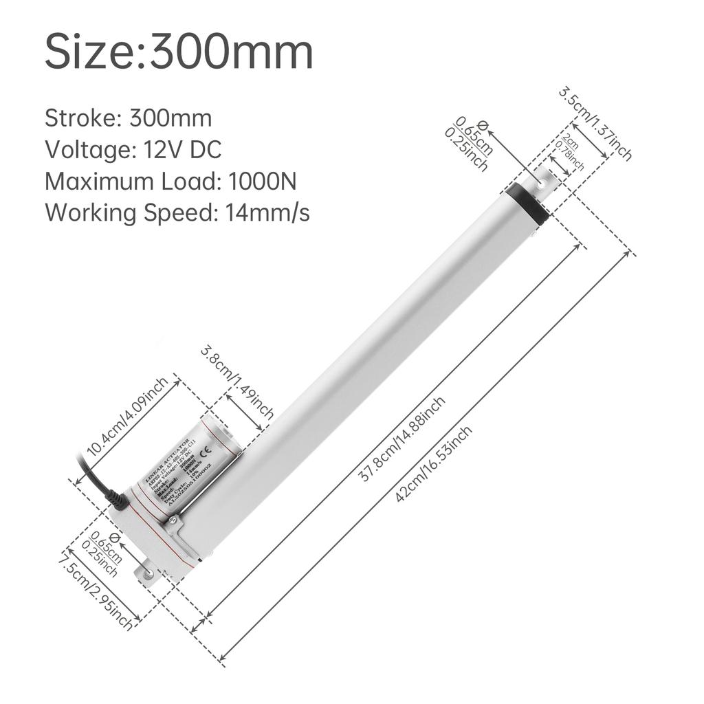 12V Linear Actuator High Speed 14mm/s 1000N/220lb IP54 Waterproof Heavy Duty Linear Motion Actuator with Mounting Bracket