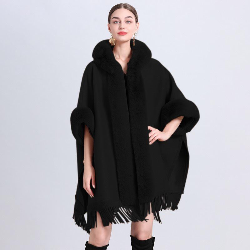 869# Women's Plaid Fleece-Lined Knitted Shawl Cape with Thick Fur Collar