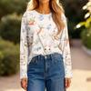 Women's Fashion Casual Slit Hem Round Neck Long Sleeve Loose Printed T-Shirt Ladies Top