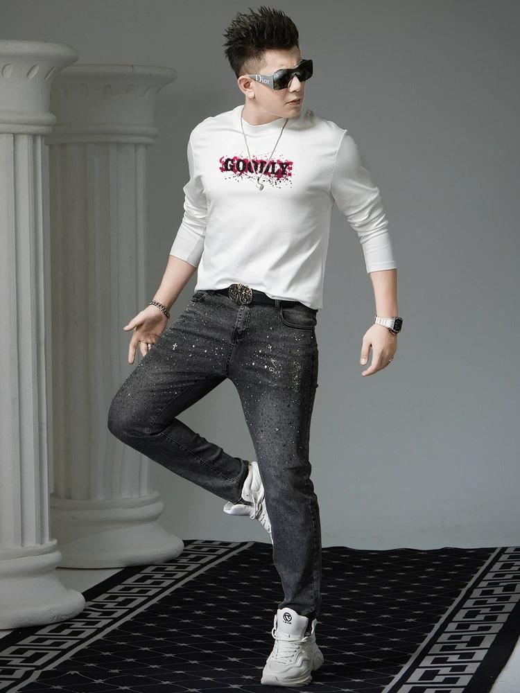 European-Style Men's Long-Sleeve T-Shirt 2025 New Trendy Brand Beaded Print Round-Neck Casual Top for Men in Autumn