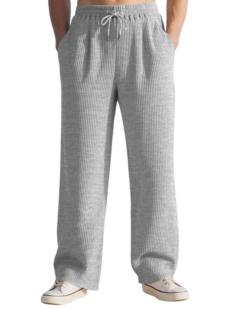 European Striped Wide-Leg Men's Casual Ribbed Drawstring Trousers: Large Size, Spring-Autumn, Straight-Leg, Loose Fit.