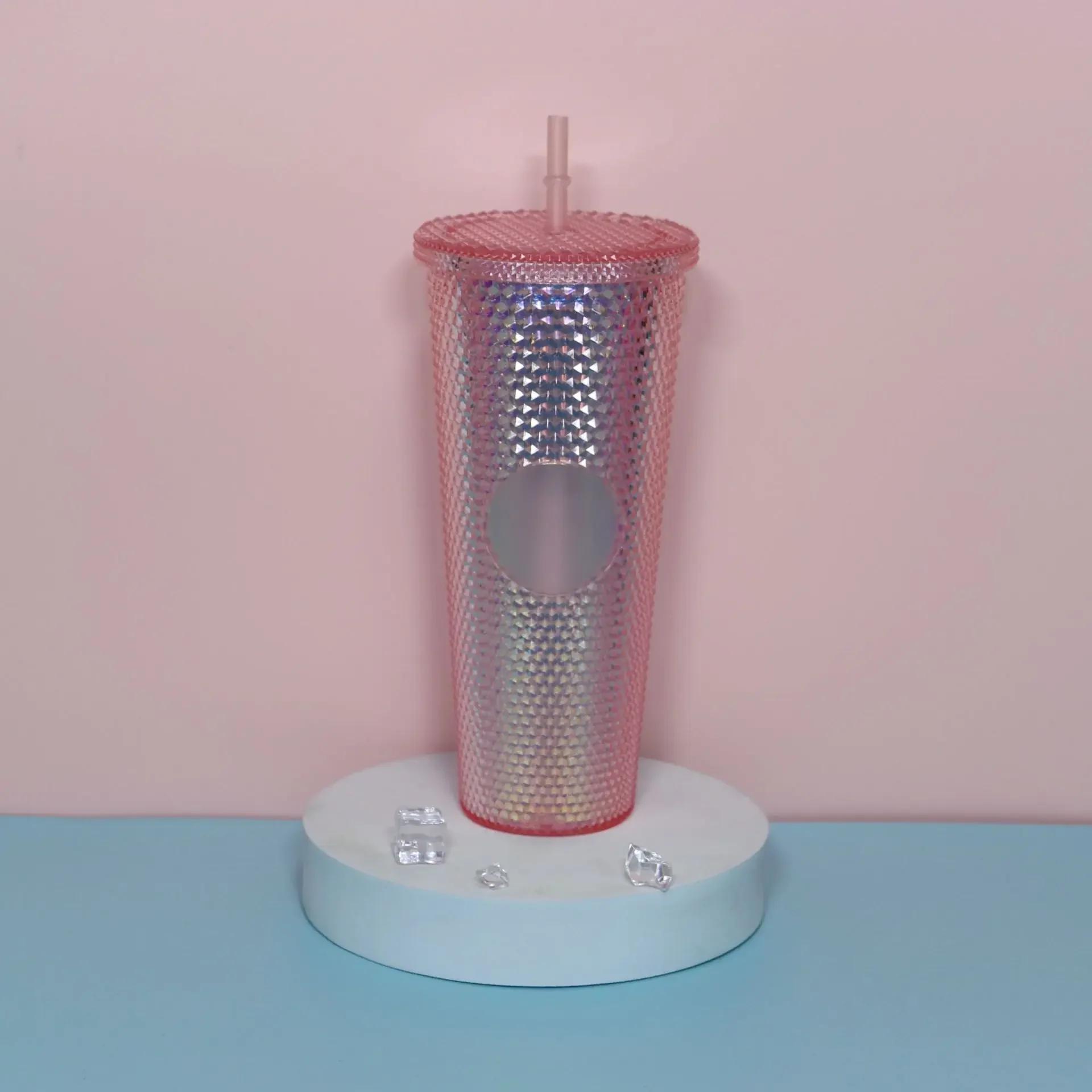

Leak Proof Double Wall Insulated Straw Tumbler Diamond Texture Gradient Color for Gym Outdoor Daily Use Trendy Straw Tumbler рожевий
