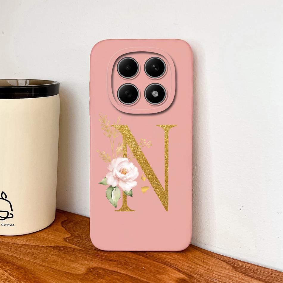 Floral Gold Letters Cover For Poco M8 Pro Phone Case Soft Smooth Liquid Silicone Anti Drop Protective High Quality Couple Bumper
