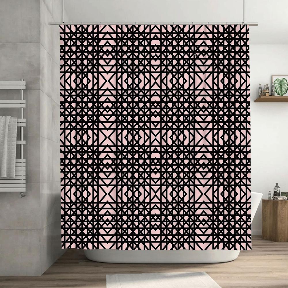 Modern Geometric Shower Curtain Fabric Waterproof Decorative Bathroom Accessories With Rod Set Black Pink (L)