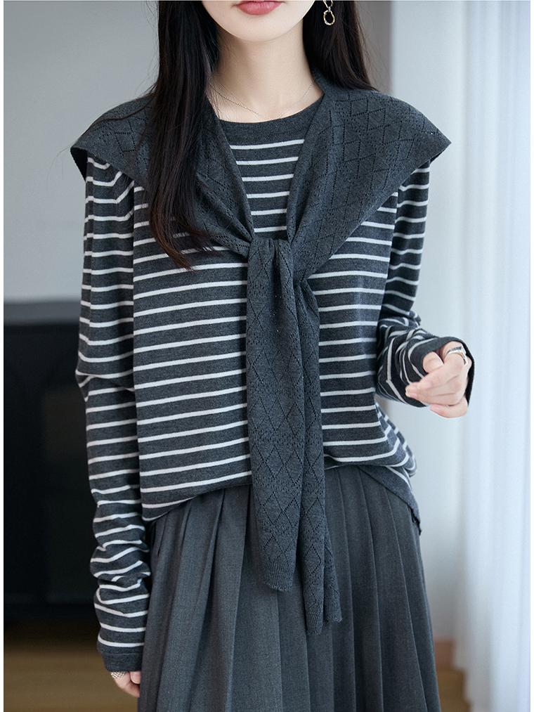 2025 Early Autumn Loose Striped Long Sleeve Wool Knitwear: Stylish Versatile Shawl