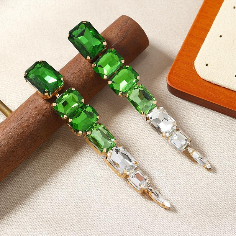 European Style Long Tassel Rhinestone Earrings - Geometric Gemstone Rhombus Studs for Women
