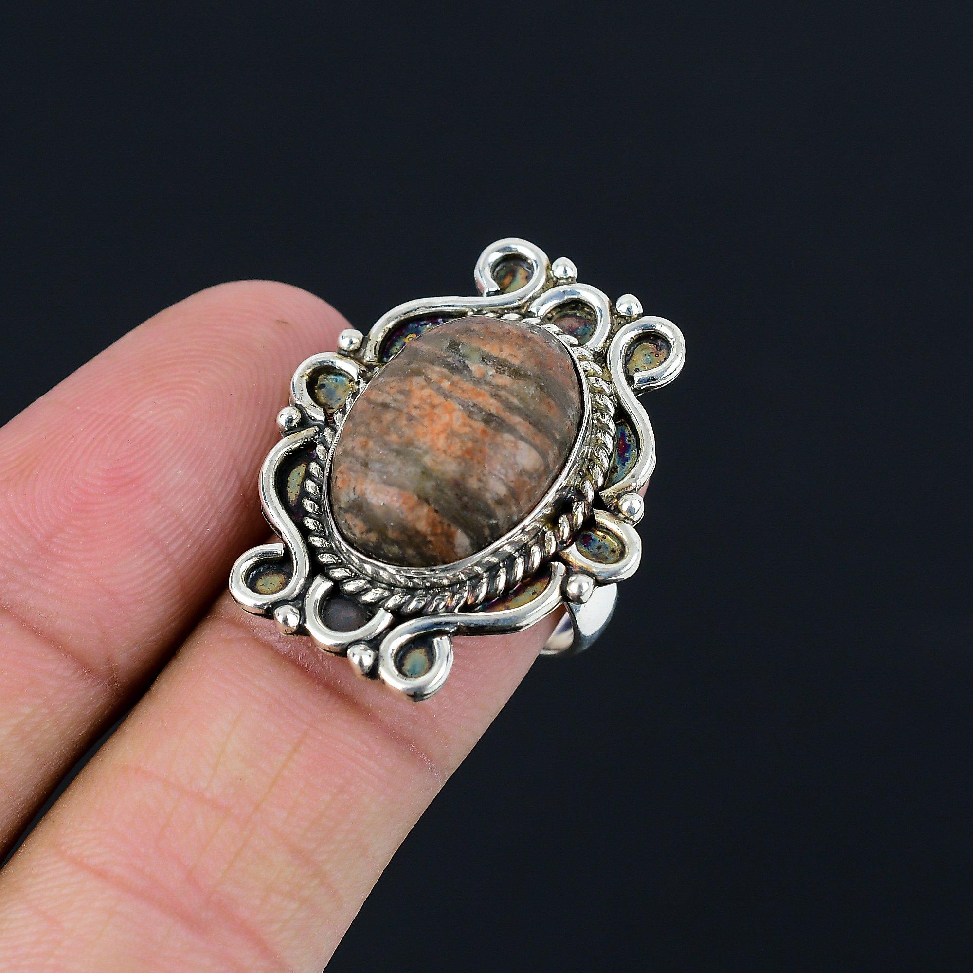 

Heart Chakra Unakite Gemstone 925 Sterling Silver Ethnic Statement Ring Size 8 8