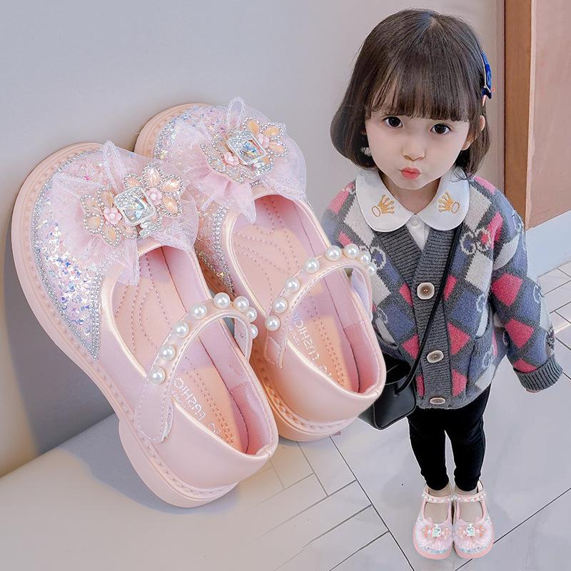 Girls Leather Shoes Children's Princess Crystal Shoes 2025 Spring and Autumn New Casual Single Shoes Rhinestone Soft Sole Girls Performance Shoes