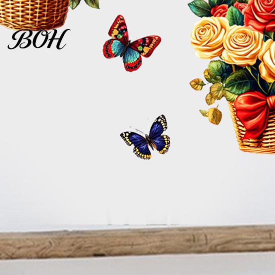 Party Decoration Floral Wall Stickers Rose Flowers with Butterflies, PVC Waterproof Decals, Removable Peel And Stick Art Decor, Murals for Home Living