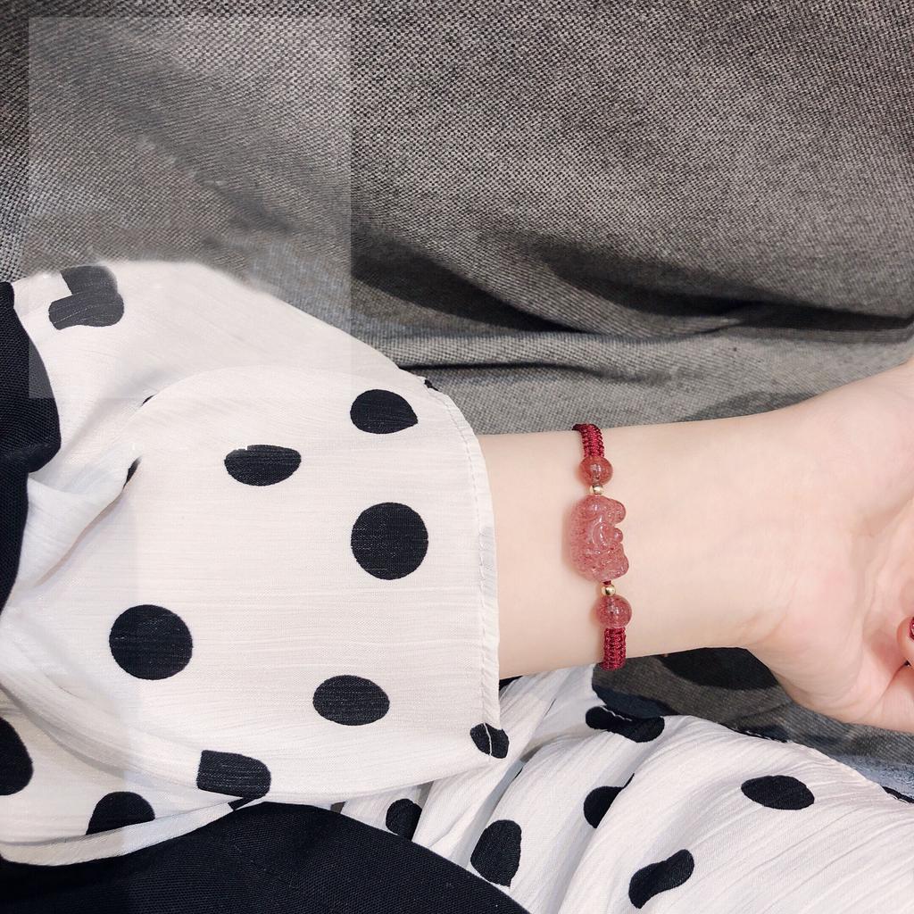 Strawberry Crystal Pixiu Woven Bracelet, Red String Pink Crystal, Birthday Gift for Girls