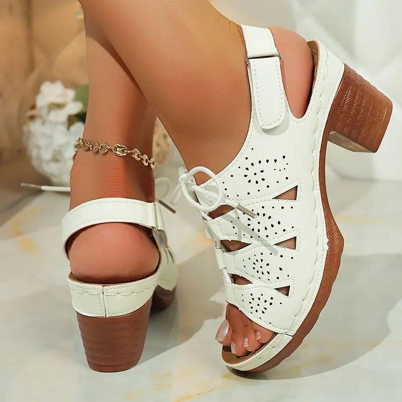 Retro Cross Tied High Heel Sandals Women Plus Size Thick Sole Non Slip Slippers Summer Hollow Comfort Chunky Platform Beach Shoe