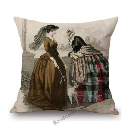Antique Fashion Book Ettiquette Lady Dress European Costume Elegant Wear Cotton Linen Sofa Throw Pillow Case Chair Cushion Cover
