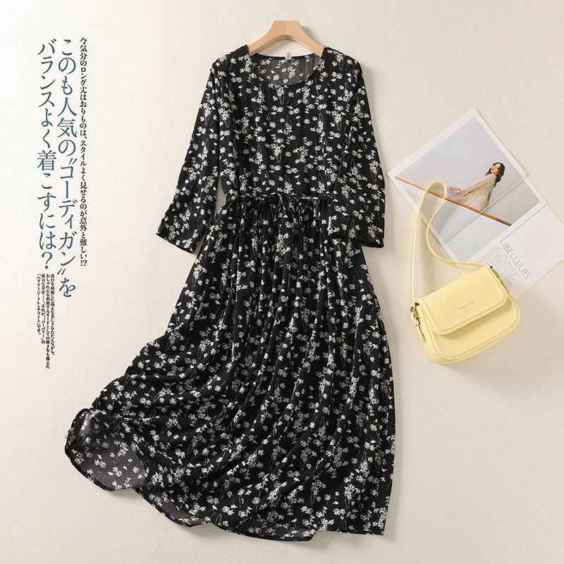 

Летний стиль 2025, темпераментное платье средней длины из хлопка и льна с принтом, женское свободное и стройнящее платье с круглым вырезом и рукавом три четверти, цветочное платье 2XL