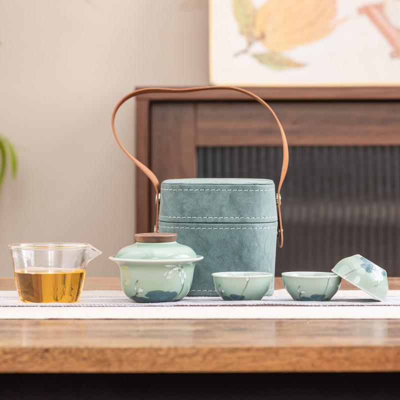 Celadon Travel Tea Set Portable Storage Outdoor One Pot Three Cups Car Tea Small Set Business Souvenir