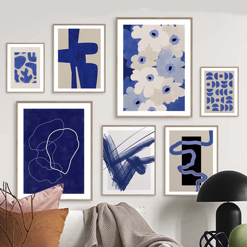 Blue Line Geometry Flower Wall Art Canvas Painting  Abstract Art Posters & Prints Hotel Bar Pictures For Living Room Home Decor