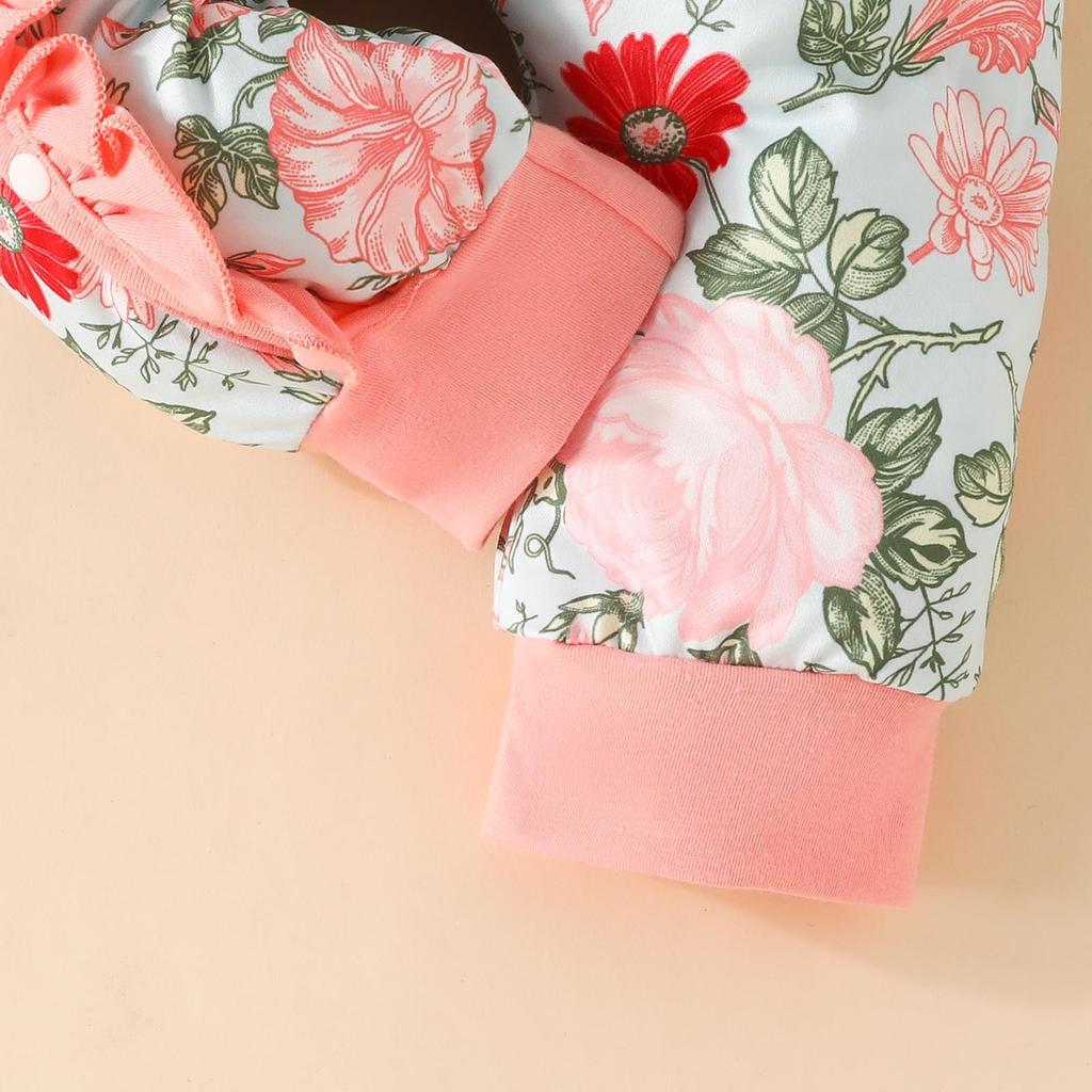 Adorable Baby Floral Flare Sleeve Jumpsuit with Hat & Headband (0-1Y)