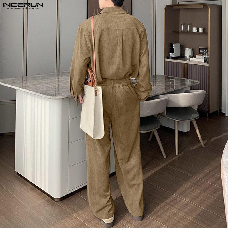 INCERUN 2PCS Men Lapel Neck Long Sleeve Shirts and Elastic Waist Pants Sets Suits