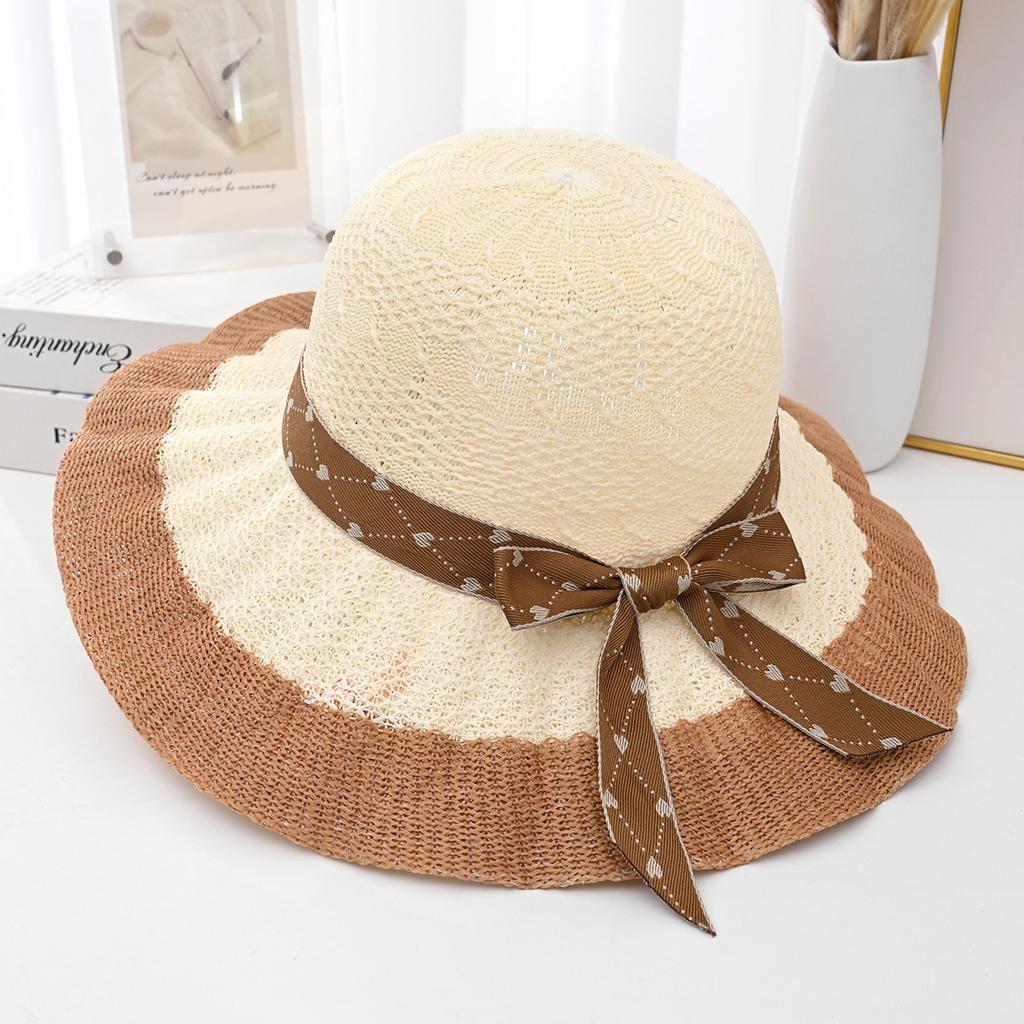 Summer Bow Beach Hat Women's UV Resistant Sun Hat Two Tone Large Edge Sun Protection Straw Hat