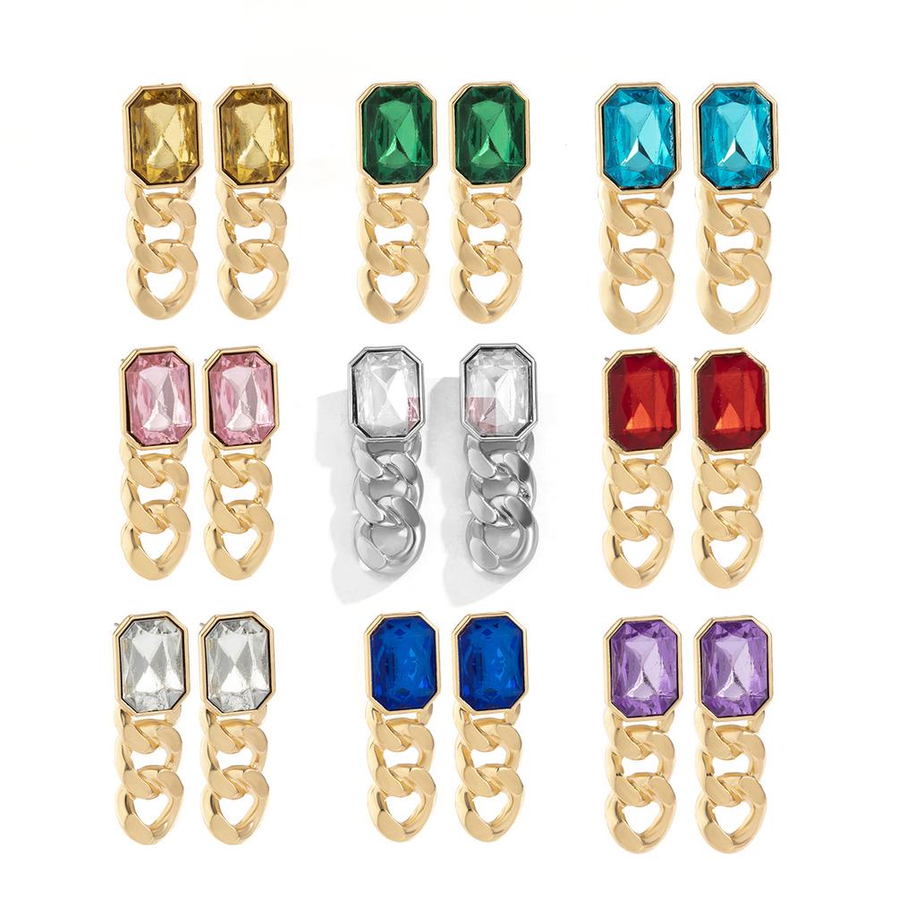 Temperament Simple Color Imitation Gemstone Stud Earrings Women, Retro Personalized Metal Chain Earrings