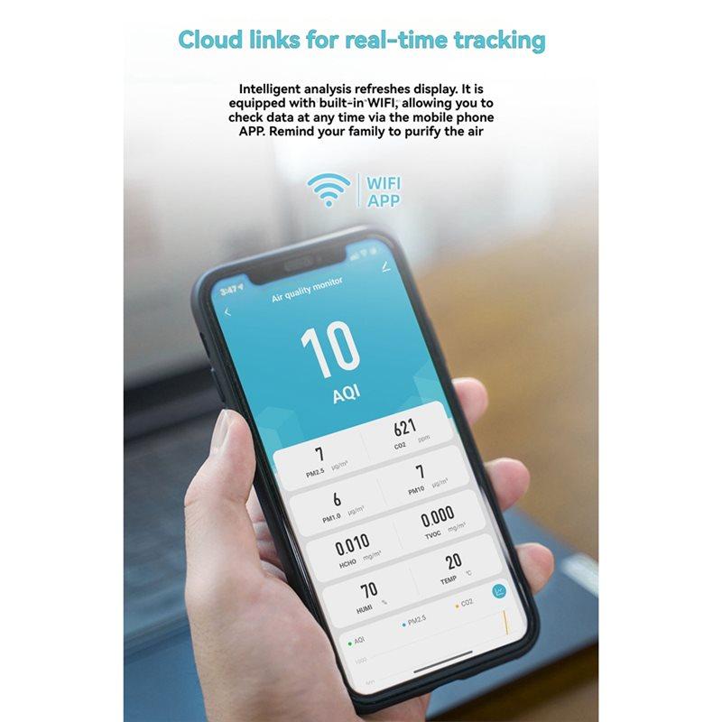 A74E-Tuya Wifi 10-In-1 Air Quality Monitor AQI/CO₂/TVOC/HCHO/PM2.5/PM1.0/PM10/Temp/Humidity/Time Indoor Tester