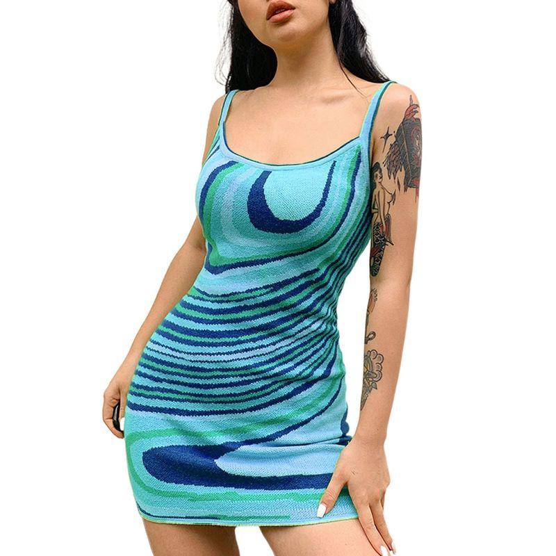 Stylish Fashion Sexy Beach Summer Fashionable New Women's Clothing Sexy Asymmetrical Water Ripple Print Sling Bodycon Dress