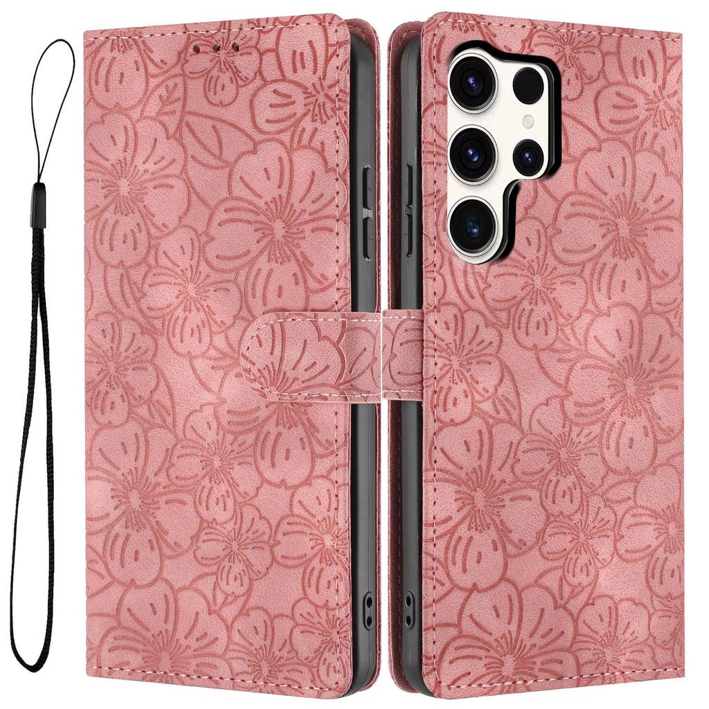For Samsung Galaxy S24 Ultra Flip Case Cherry Blossom Pattern Leather Wallet Stand Phone Cover with Wrist Strap