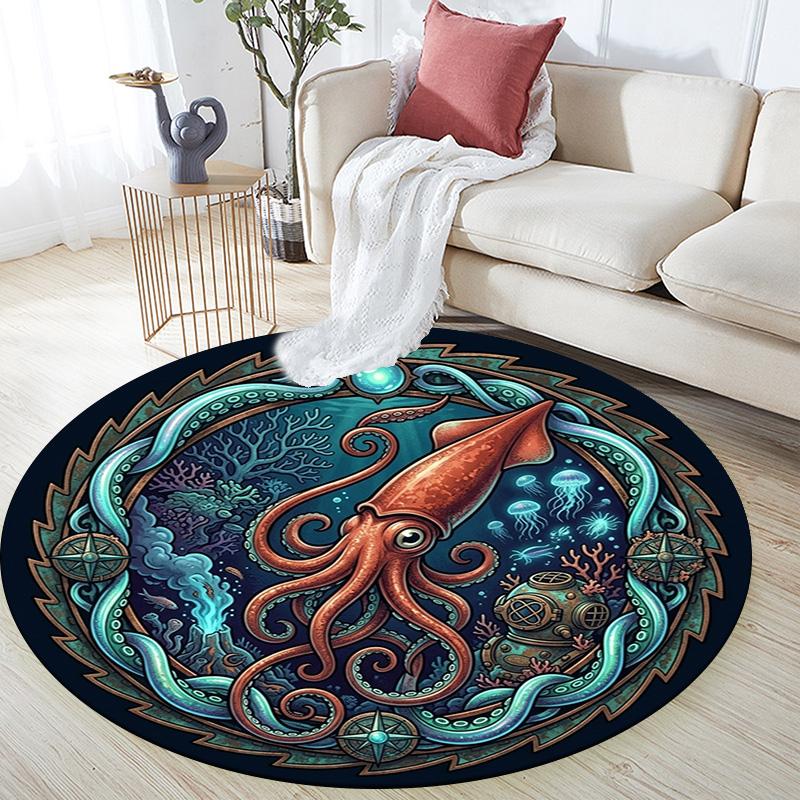 Ocean Mystery Squid Round Area Rug Under Office Chairs Bedroom Living Room Home Decor