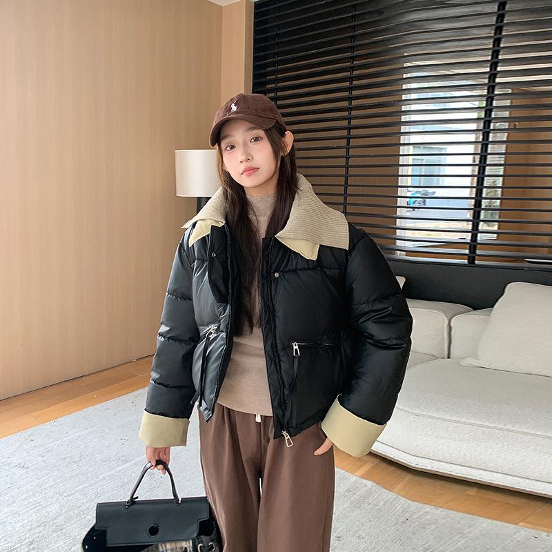 Knitted lapel short down cotton-padded jacket for women's winter thickened PU leather splicing cotton-padded jacket