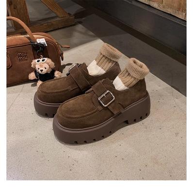 Grape Mother Autumn and Winter New Suede Loafers Women's Big Round Head Retro Buckle Heightened Platform Small Leather Shoes Women