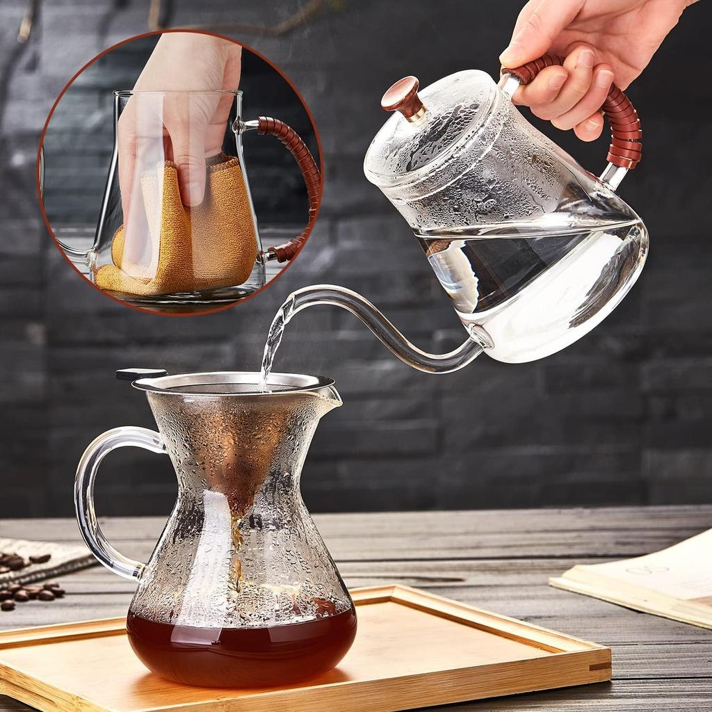 Pokaro Tee-Tropfkanne, Kaffeekessel, Kessel mit schmaler Ausgusstülle, Hitzebeständiges Glas, 680ml, Schwanenhalskanne mit schmaler Ausgusstülle, Kaffeekanne, Herdplattengeeignet,