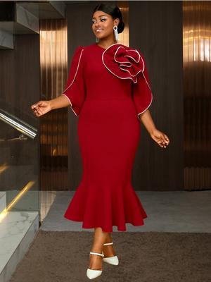 Red Three-dimensional Flower Contrast Color Decoration Ruffle Waist Fishtail Dress Elegant Slim Fit Women Dinner Party Dress