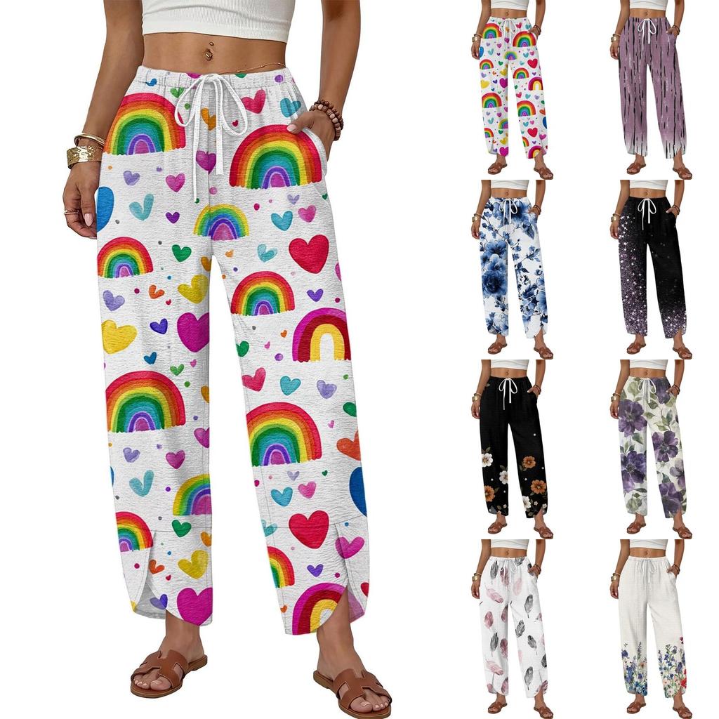 Women Casual Wide Leg Loose Fit Drawstring Pants with Rainbow Heart Print Lightweight Comfortable Trousers for Everyday Wear