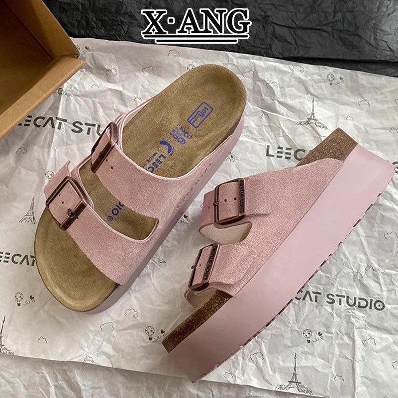 

Leather thick-soled heightened half-slippers for women s outer wear summer new cork-bottomed Boken one-word cool slippers 40