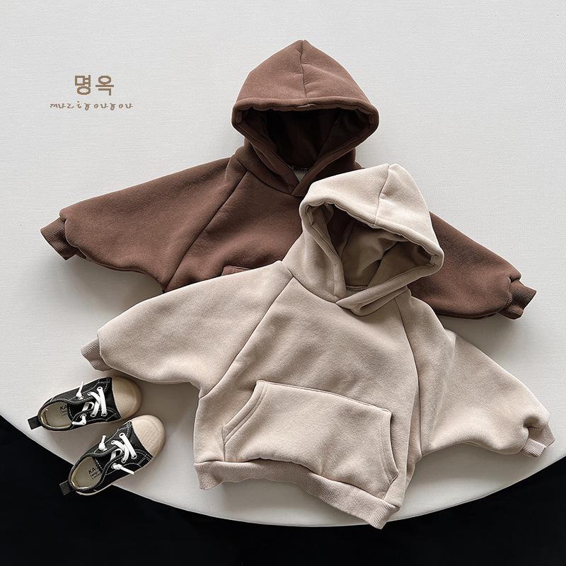 Kids Solid Color Warm Fleece Lined Hooded Pullover Sweatshirt For Boys And Girls