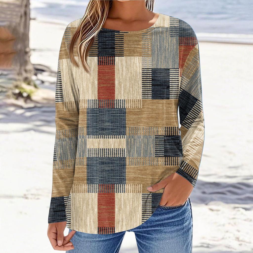 Damen Modisches Lässiges Bedrucktes Langarm Rundhals Oberteil Rundhals Oberteil Top